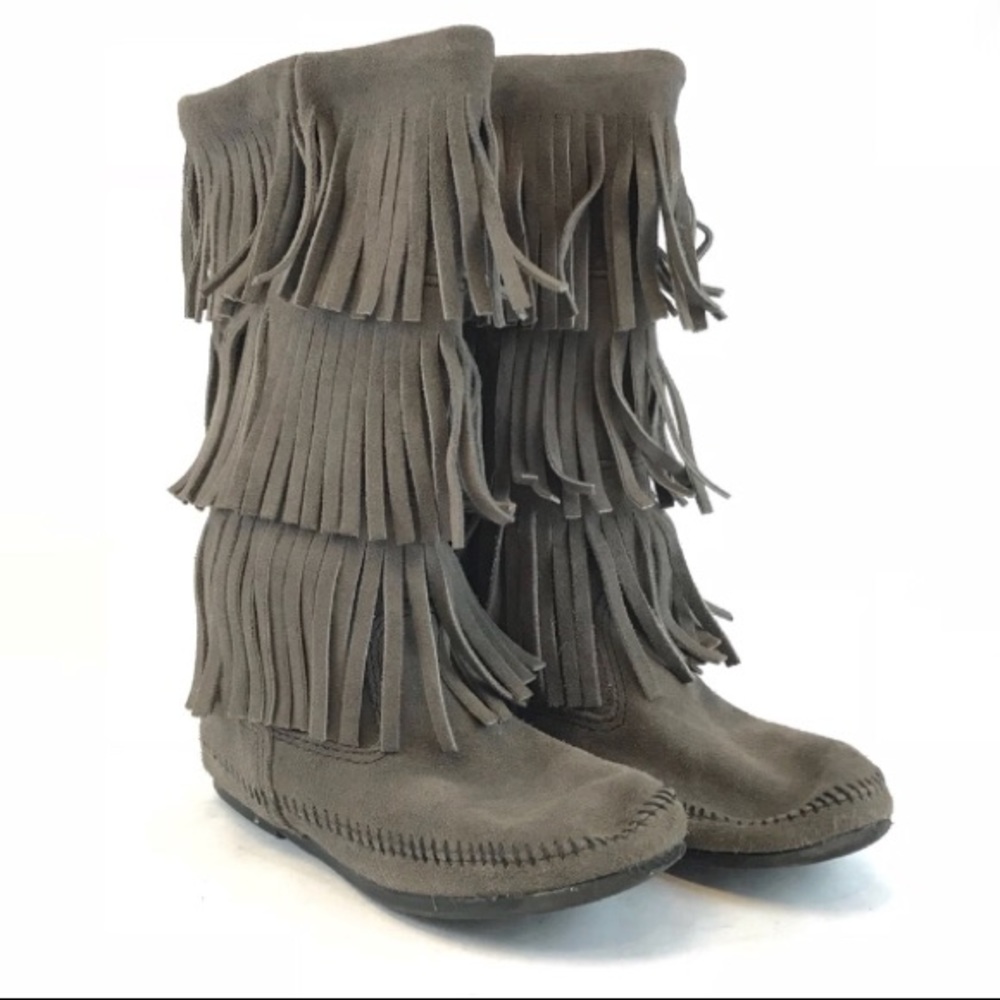 Minnetonka Gray Fringe Boots